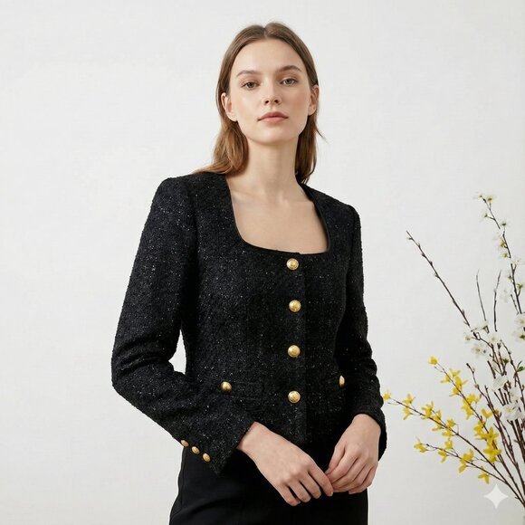 Assignment Black Tweed Blazer | Cropped with Gold Buttons - Picture 6 of 6